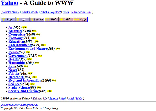 Yahoo&rsquo;s home page circa 1994